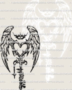 Closeup of angel wing heart key tattoo stencil, cyber tribal crown spikes, heart top key, small star charm detail, blackwork linework.