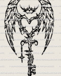 Angel wing heart key tattoo stencil, cyber tribal blackwork, crown spike halo and star charm, sharp vertical emblem, crisp lines.
