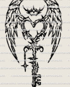 Angel wing heart key tattoo stencil, cyber tribal blackwork, crown spike halo and star charm, sharp vertical emblem, crisp lines.