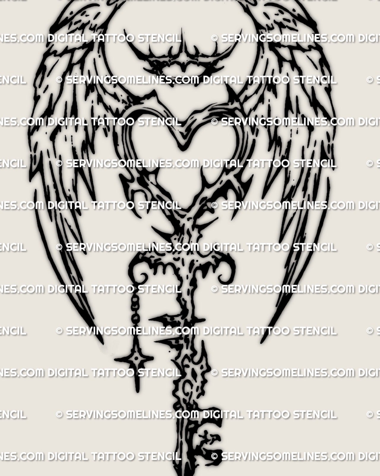 Angel wing heart key tattoo stencil, cyber tribal blackwork, crown spike halo and star charm, sharp vertical emblem, crisp lines.