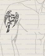 Angel wing heart key stencil shown on mens biceps placement, cyber tribal blackwork, crown spikes, star charm, heart topped key.