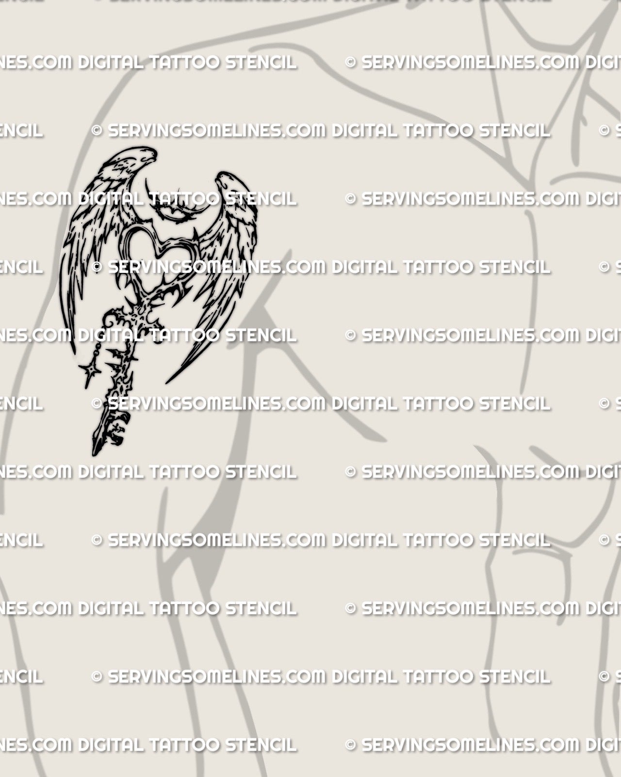 Angel wing heart key stencil shown on mens biceps placement, cyber tribal blackwork, crown spikes, star charm, heart topped key.