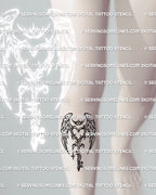 Angel wing heart key tattoo shown under the knee shin placement, cyber tribal blackwork, heart top key, crown spikes, star charm.