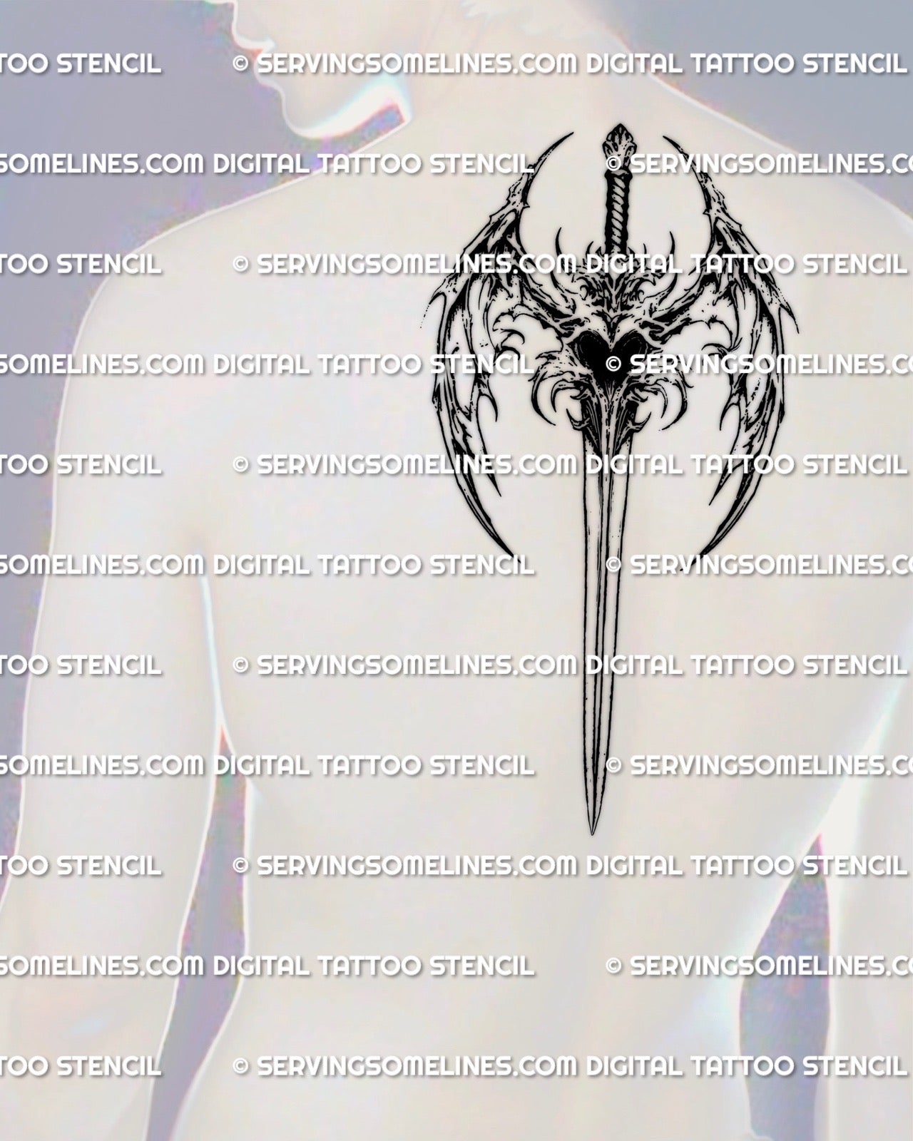 Angel wing sword tattoo design centered on men’s upper back, fantasy gothic sword stencil with heart focal point