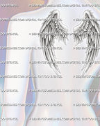 Angel wings back tattoo female placement view, with soft feathered wings across the upper back and shoulder blade area.