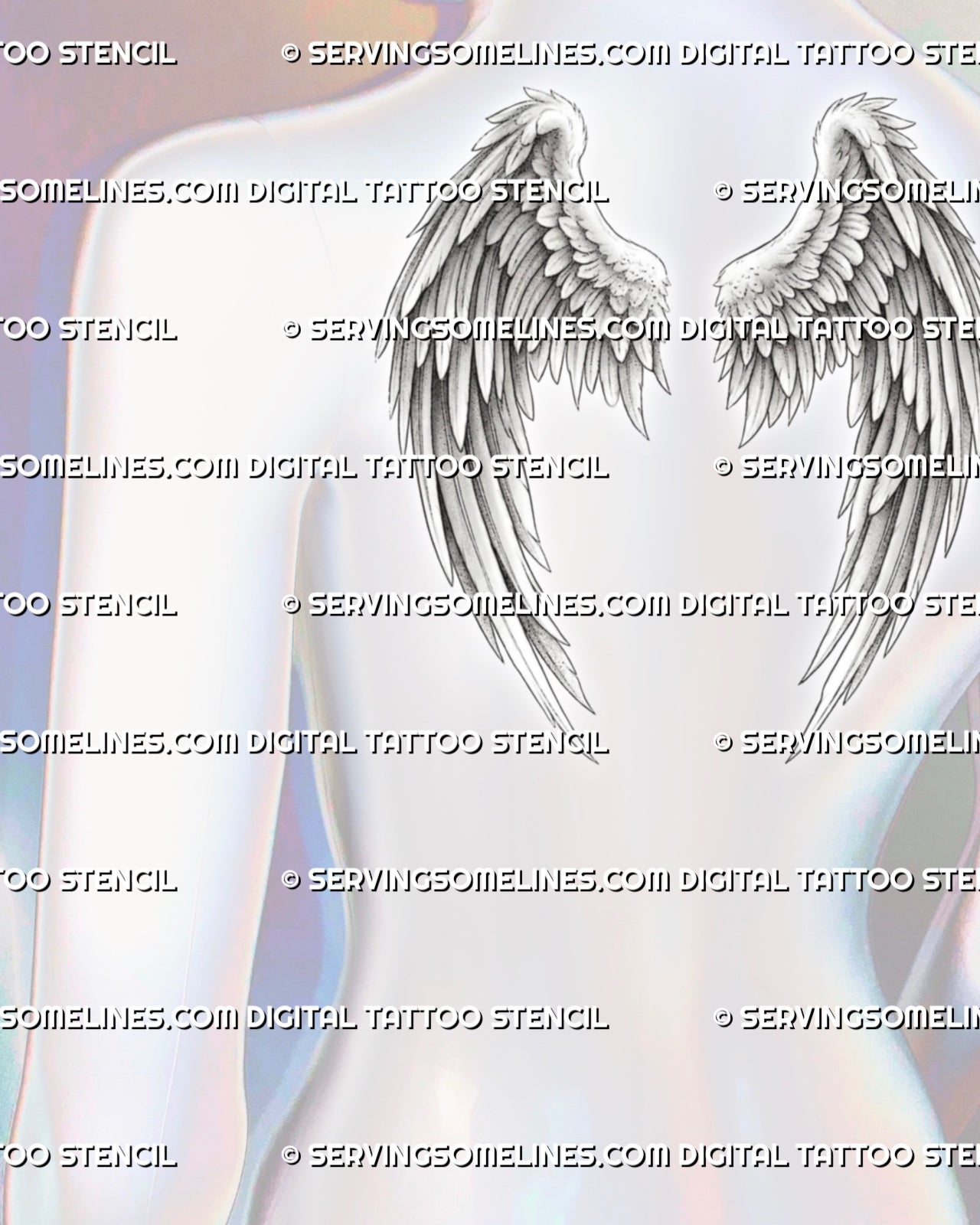 Angel wings back tattoo female placement view, with soft feathered wings across the upper back and shoulder blade area.