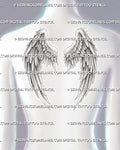 Angel wings back tattoo stencil shown on women's upper back, with classic feathered wings across the shoulder blades.