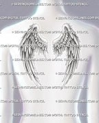 Angel wings back tattoo stencil shown on women's upper back, with classic feathered wings across the shoulder blades.