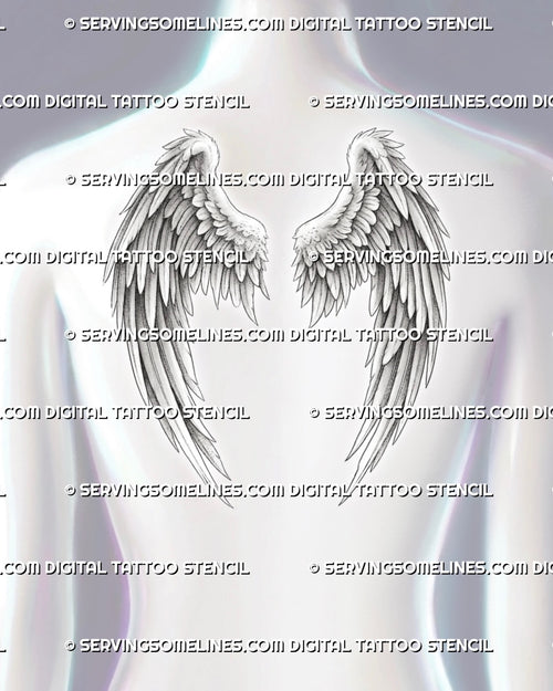 Angel wings back tattoo stencil shown on women's upper back, with classic feathered wings across the shoulder blades.