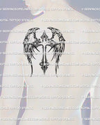 Angel wings cross tattoo stencil shown on men’s shoulder placement, decorative cross with feathered wings tattoo design.