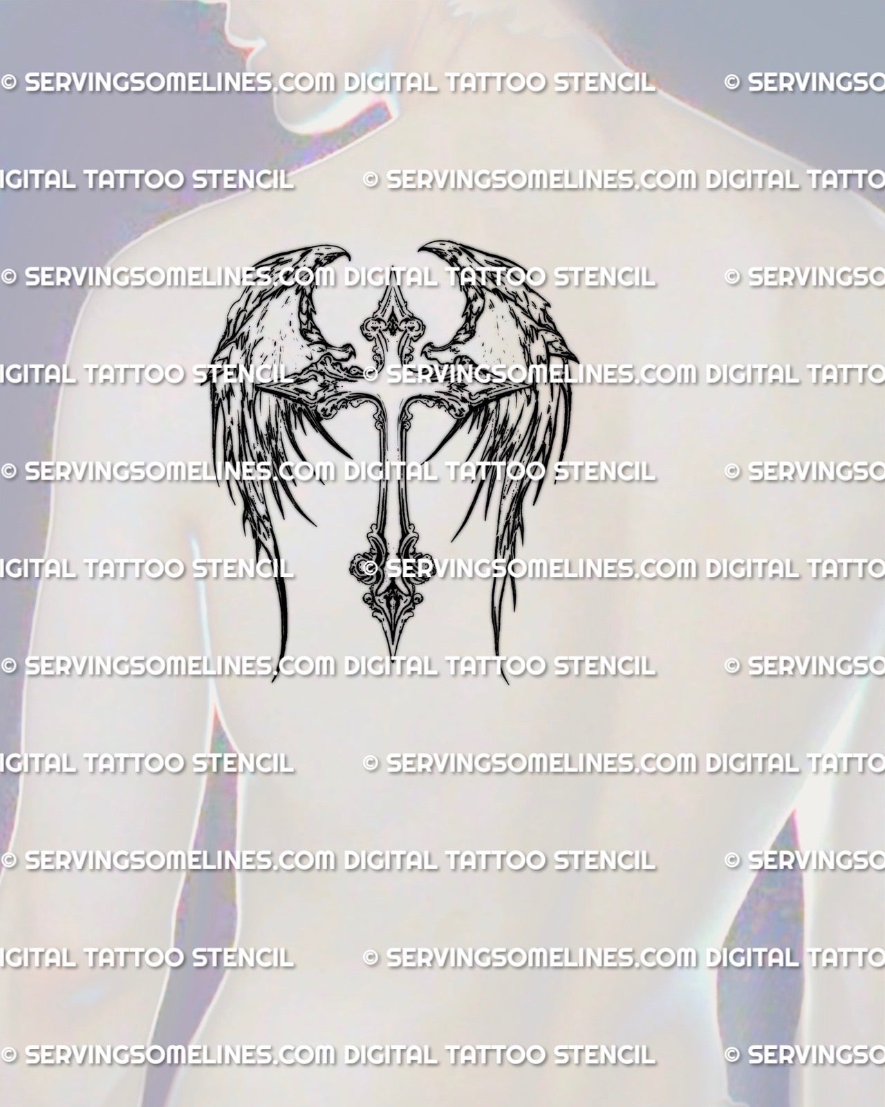 Angel wings cross tattoo stencil shown on men’s shoulder placement, decorative cross with feathered wings tattoo design.