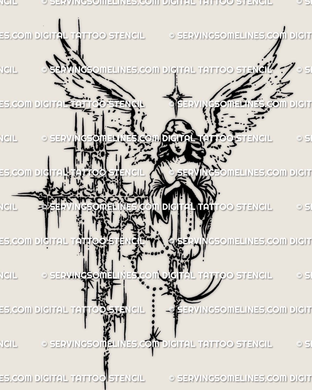 cybersigilism angel wings tattoo stencil showing clean linework, digital stencil file made for professional tattoo use