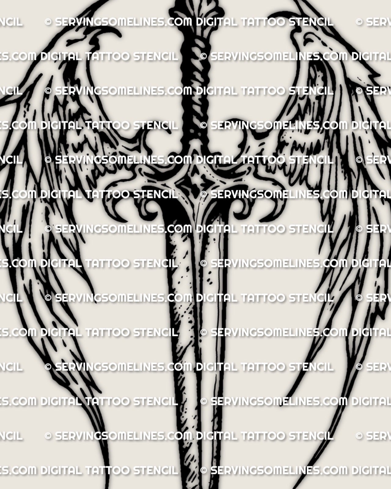 Angel dagger tattoo digital stencil, clean dagger with wings silhouette and a subtle celestial guard accent, ready to resize.