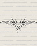 Angel wings heart tattoo stencil in cyber-sigilism style, spiky heart and bow lines forming soft angelcore symmetry for feminine tattoo art.