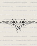 Angel wings heart tattoo stencil in cyber-sigilism style, gothic heart and bow lines forming soft angelcore symmetry for feminine tattoo art.