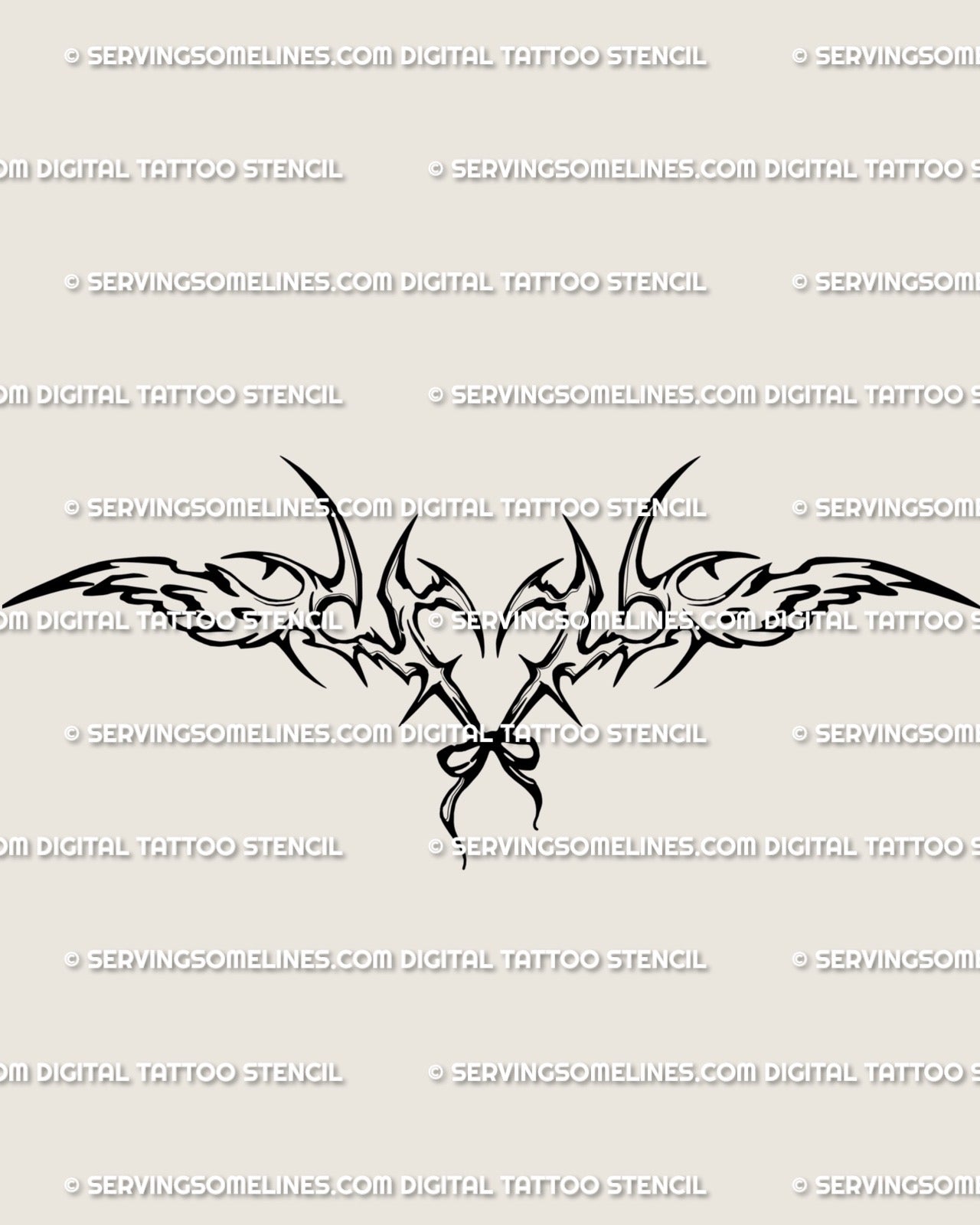 Angel wings heart tattoo stencil in cyber-sigilism style, gothic heart and bow lines forming soft angelcore symmetry for feminine tattoo art.