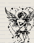 Angel wings linework tattoo digital design, fantasy feminine guardian fairy with heart and star symbols.