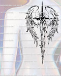 Displayed on back example of angel wings spine tattoo stencil, cyber-tribal sword with sacred-heart handle and gothic geometry.