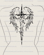 Angel wings sword spine tattoo on female back, sacred-heart cyber-tribal design shown along spine with blackwork symmetry.