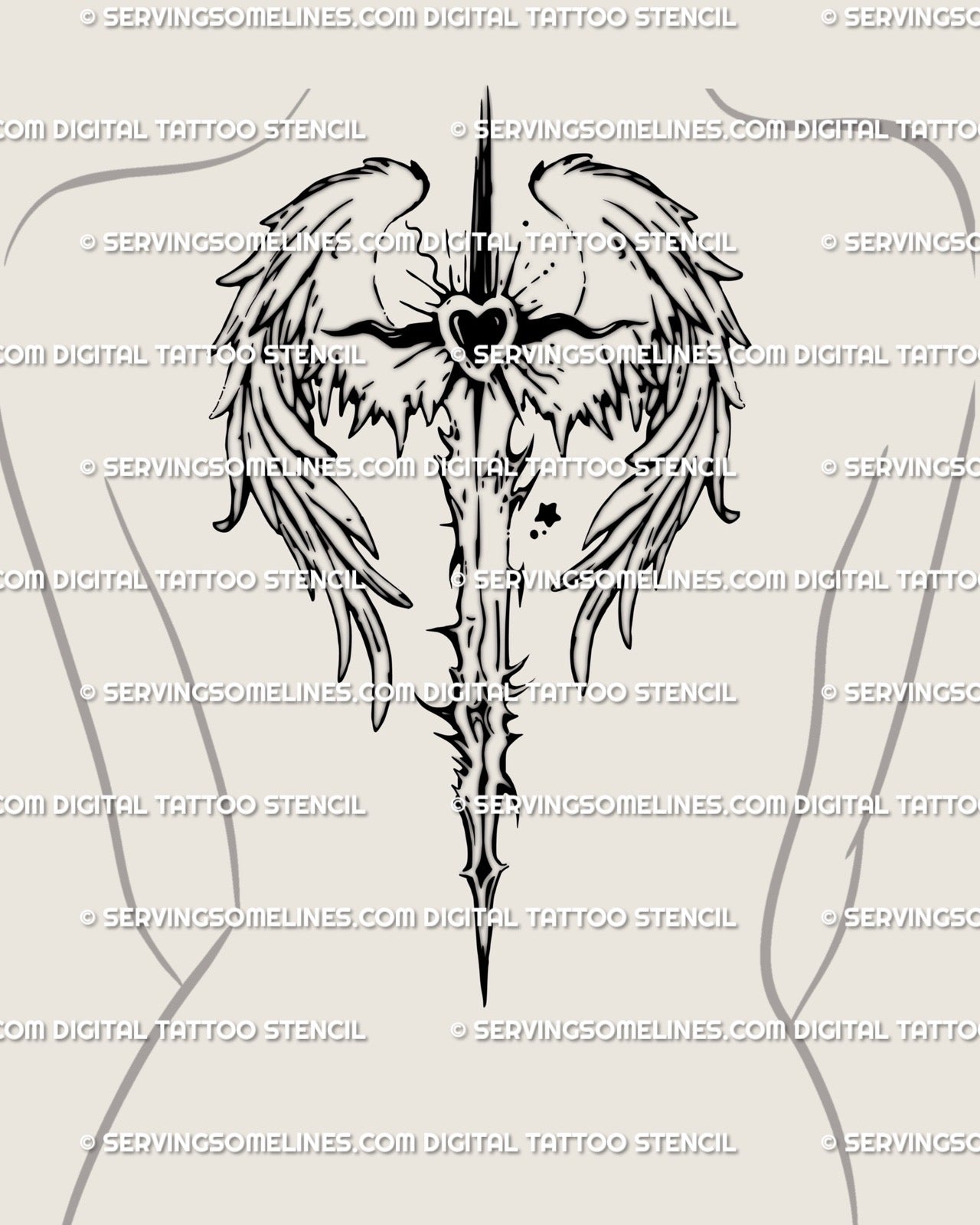 Angel wings sword spine tattoo on female back, sacred-heart cyber-tribal design shown along spine with blackwork symmetry.