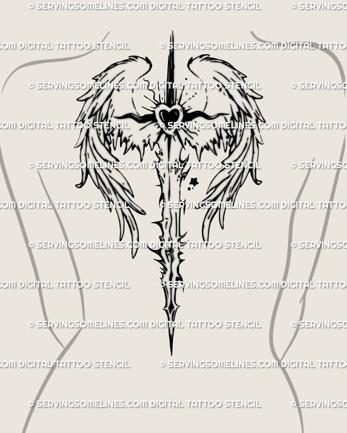 Angel wings sword spine tattoo on female back, sacred-heart cyber-tribal design shown along spine with blackwork symmetry.