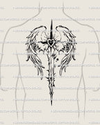 Men’s back placement of angel wings sword tattoo, sacred-heart spine design in cyber-tribal blackwork style centered on spine.