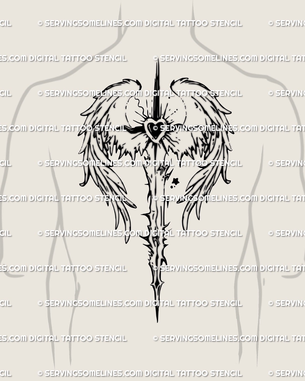 Men’s back placement of angel wings sword tattoo, sacred-heart spine design in cyber-tribal blackwork style centered on spine.