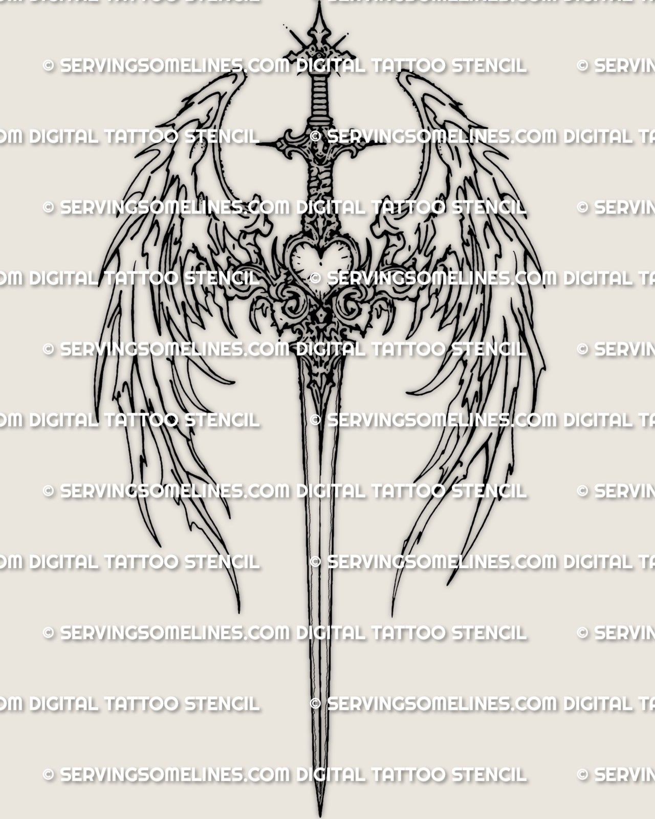Angel wings sword tattoo stencil design download with a long centered sword, feathered wings, and upper back layout