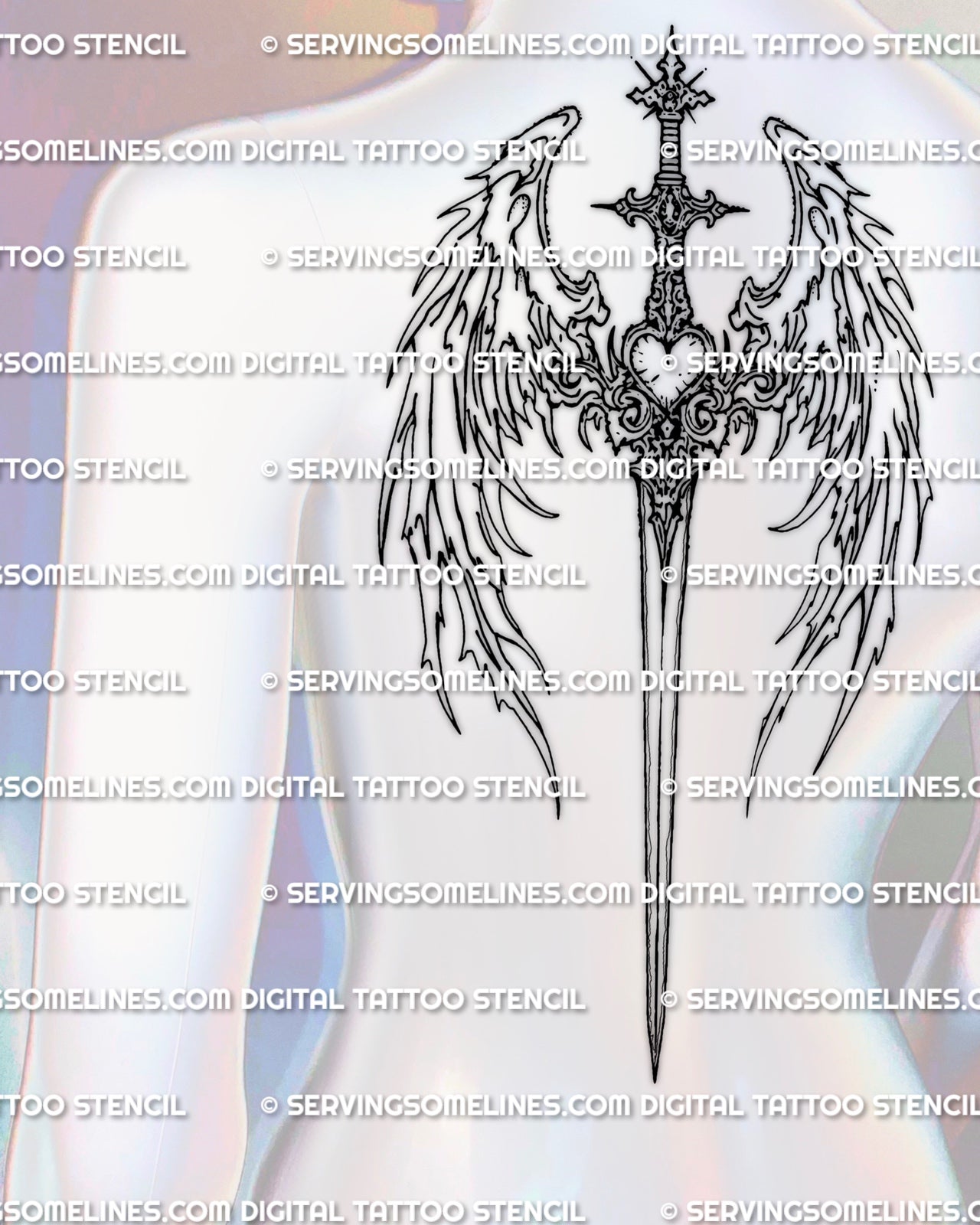 Angel wings sword upper back tattoo stencil shown on back placement with feathered wings and a centered vertical blade