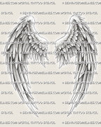 Angel wings tattoo stencil close-up with layered feather detail, clean back wing shape, and printable design preview.
