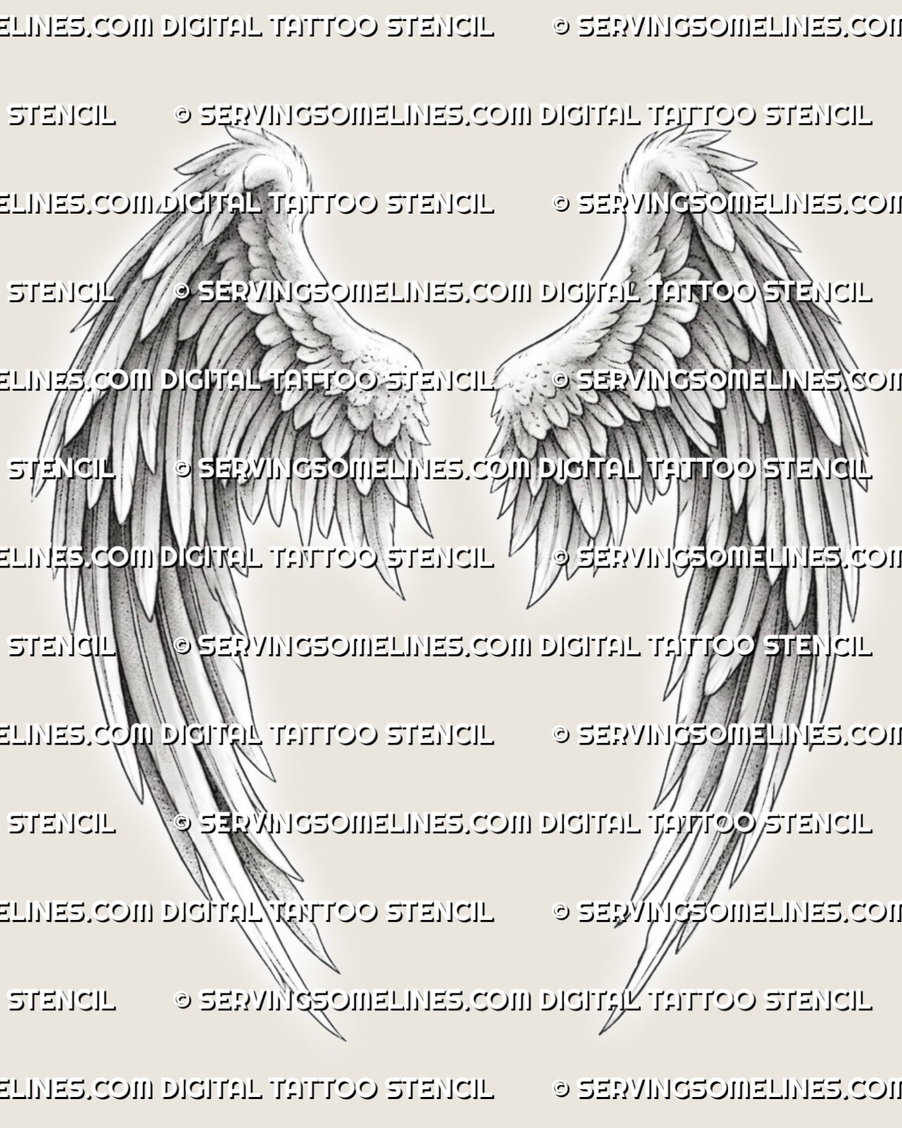 Angel wings tattoo stencil close-up with layered feather detail, clean back wing shape, and printable design preview.