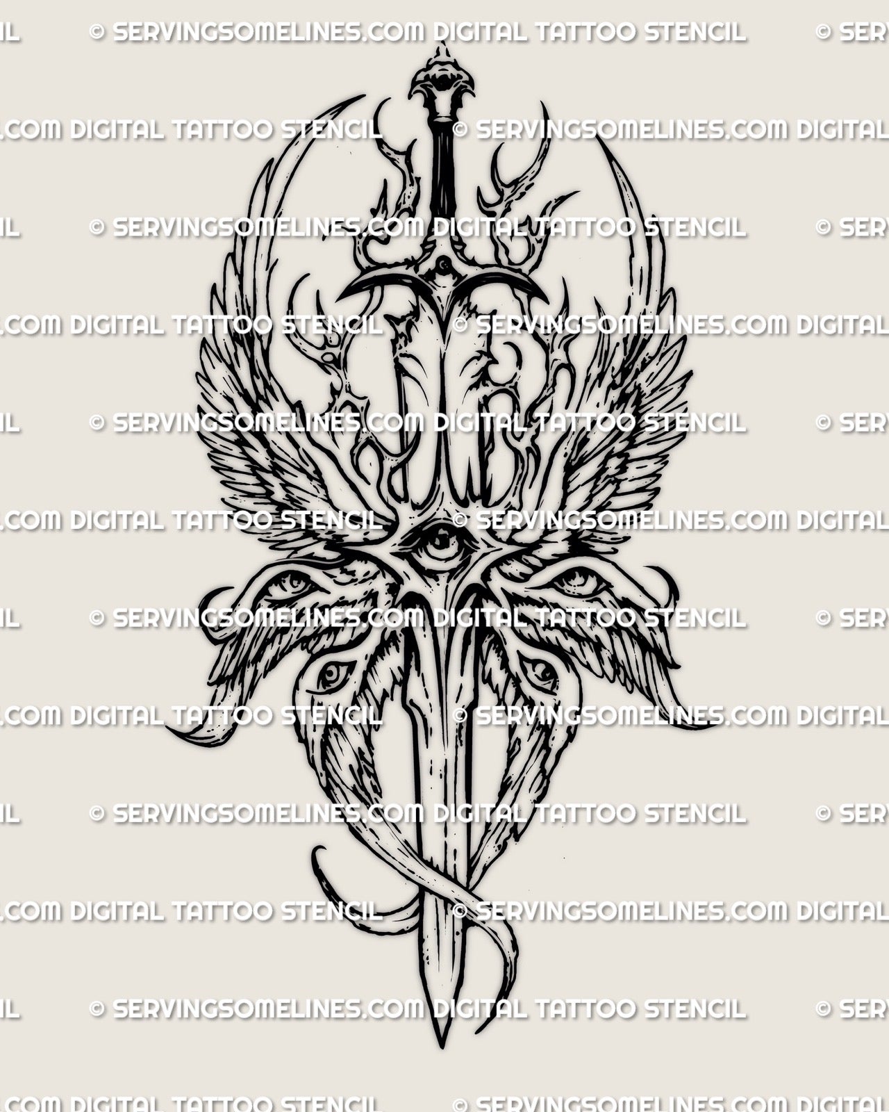 Angel tattoo stencil with eyes on wings showing etched linework clarity, prepared as a printable digital tattoo design file
