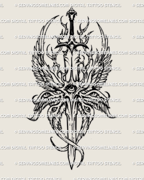 Angel tattoo stencil with eyes on wings showing etched linework clarity, prepared as a printable digital tattoo design file
