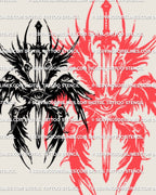 Angel tattoo stencil with sword and all seeing eye, digital tattoo design suitable for back chest spine or thigh placement