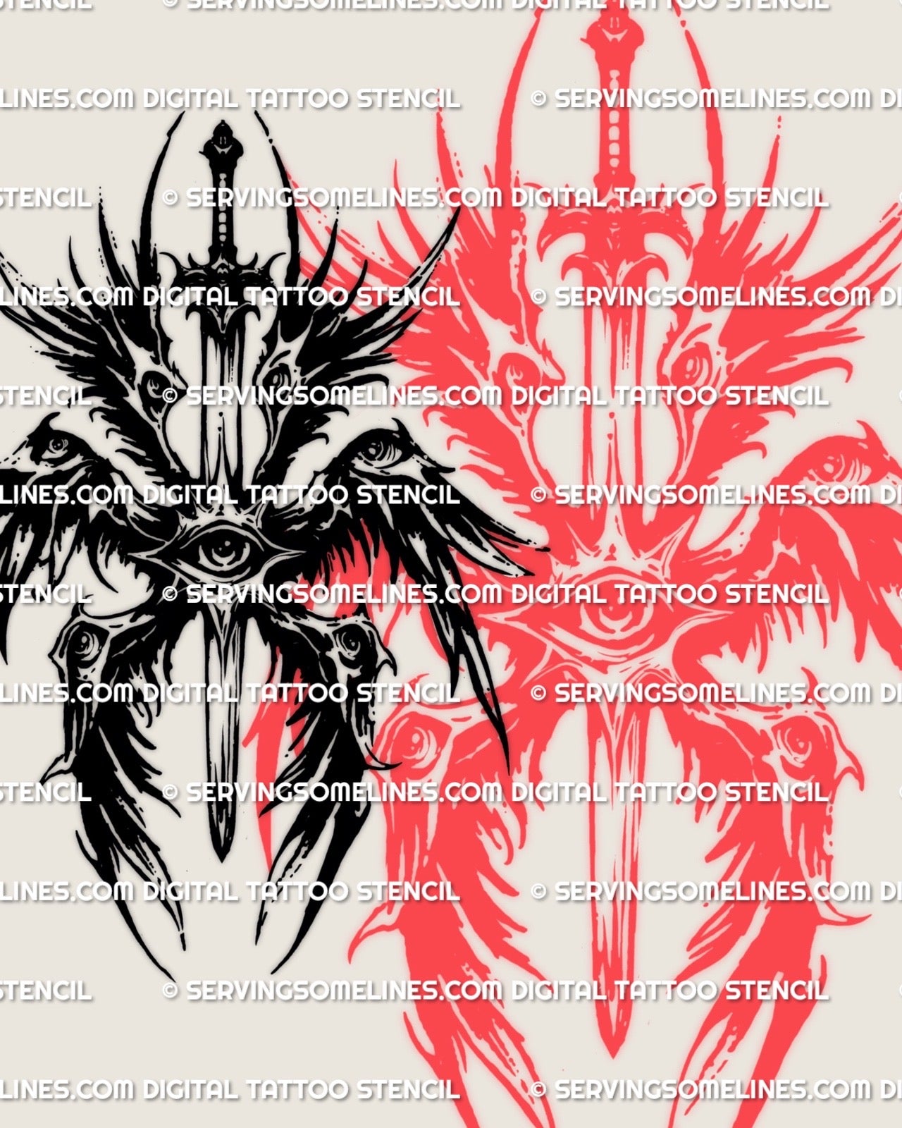 Angel tattoo stencil with sword and all seeing eye, digital tattoo design suitable for back chest spine or thigh placement