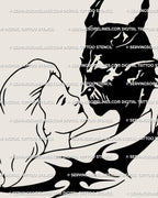 Close-up of angel women and devil kiss tattoo art, detailed gothic love symbolism in dark romance tattoo stencil with strong emotional contrast.