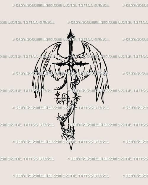 Angel sword tattoo stencil — full design view in crisp line art with wings and star accents; digital download, artist-ready transfer file.