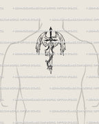 Angel wings with sword tattoo design placed at male back of the neck; compact celestial linework, discreet guardian mark.