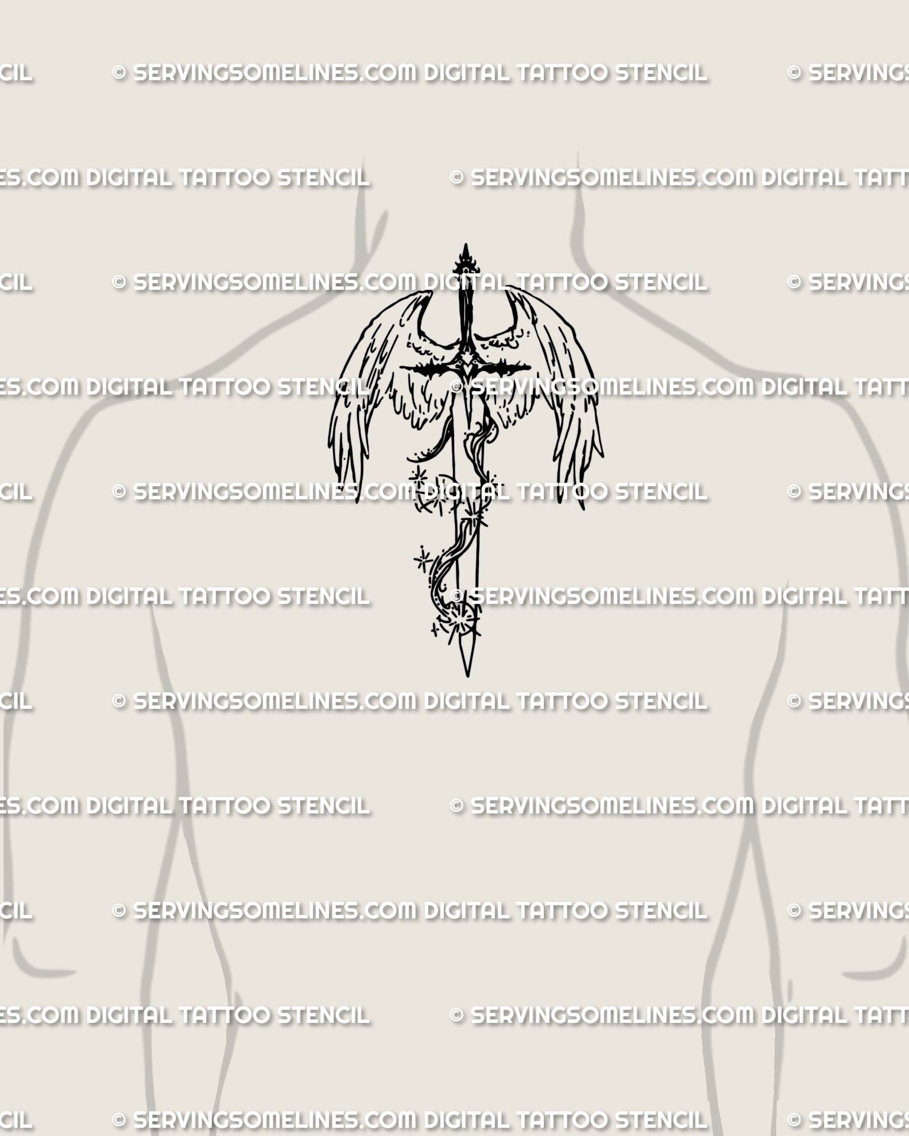 Angel wings with sword tattoo design placed at male back of the neck; compact celestial linework, discreet guardian mark.