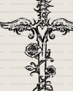 Close-up of angelcore dagger tattoo stencil linework, Y2K cool dagger design, crisp line art for stencil transfer