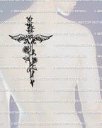 Angelcore dagger tattoo stencil shown on mens upper back center placement, bold line art dagger, instant download