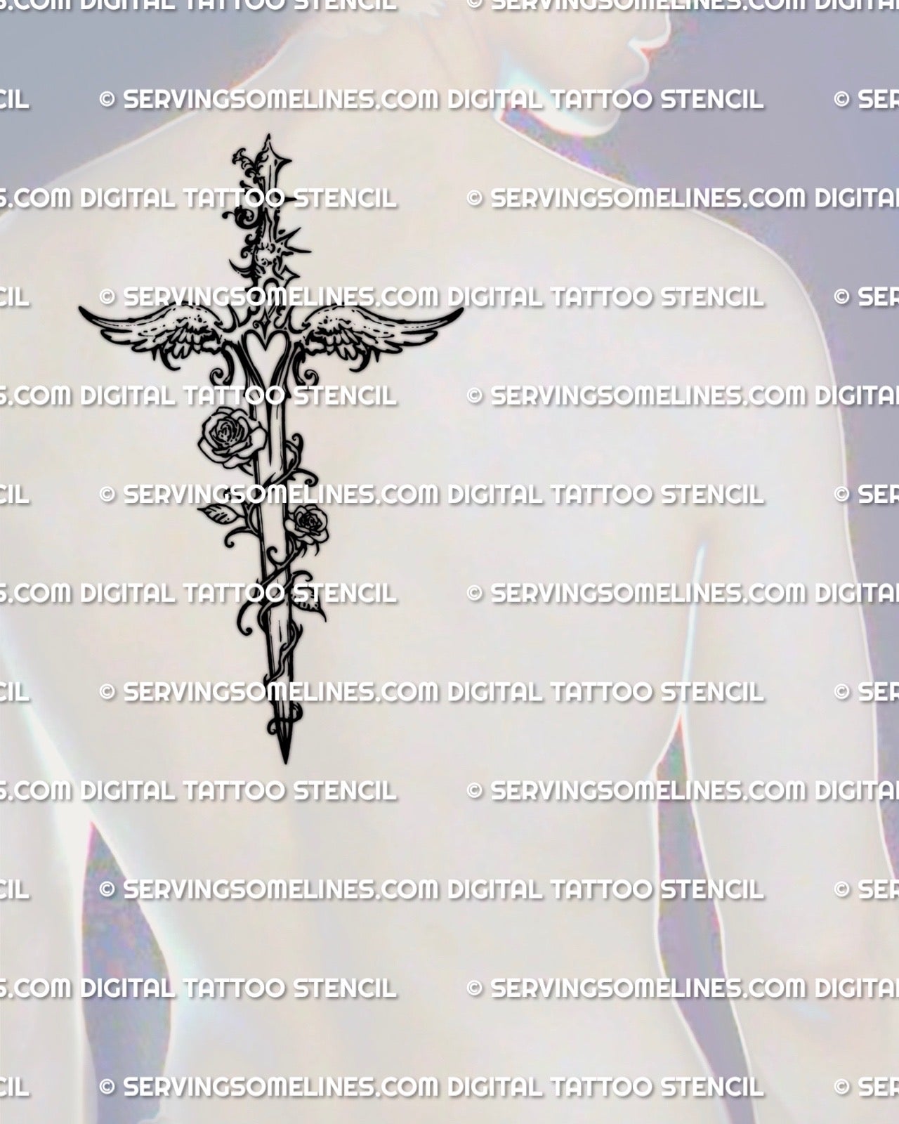 Angelcore dagger tattoo stencil shown on mens upper back center placement, bold line art dagger, instant download