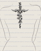 Angelcore dagger tattoo stencil shown on upper back and back of neck placement, line art dagger tattoo stencil