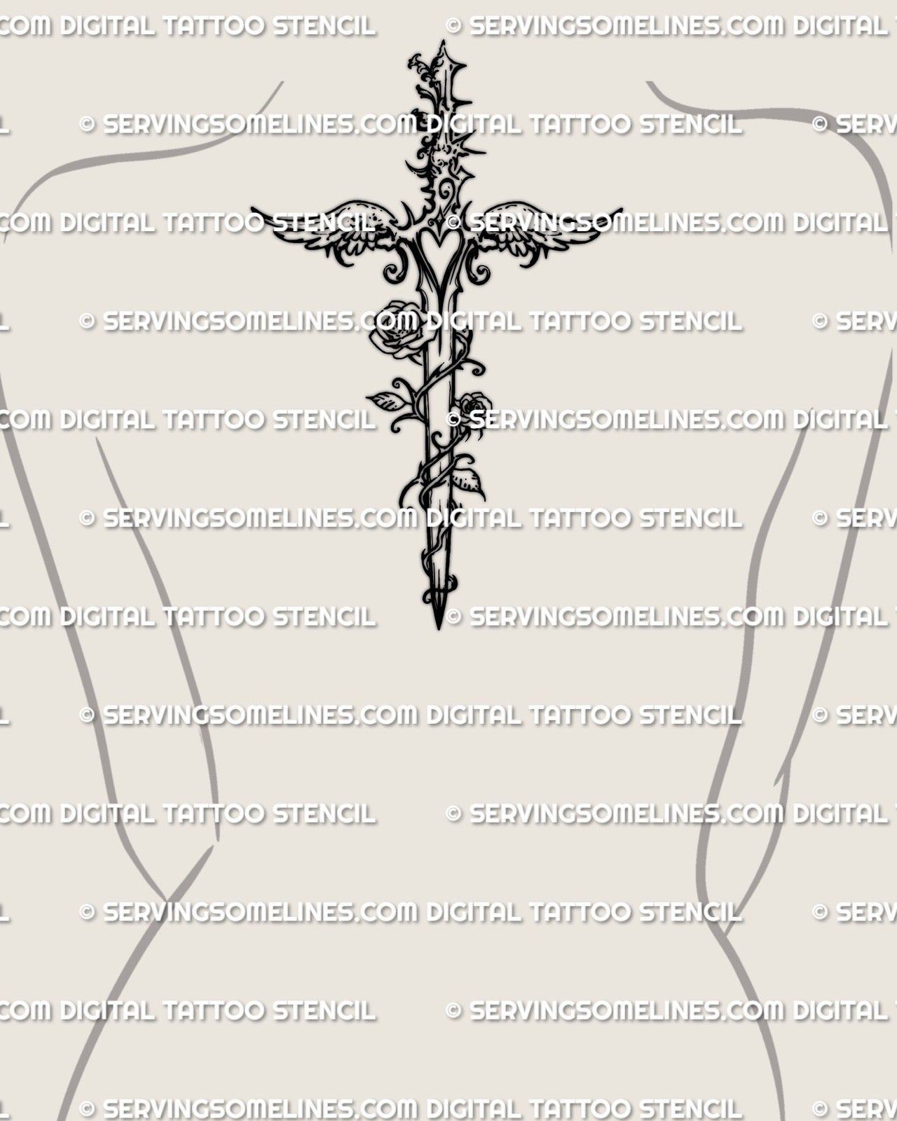 Angelcore dagger tattoo stencil shown on upper back and back of neck placement, line art dagger tattoo stencil