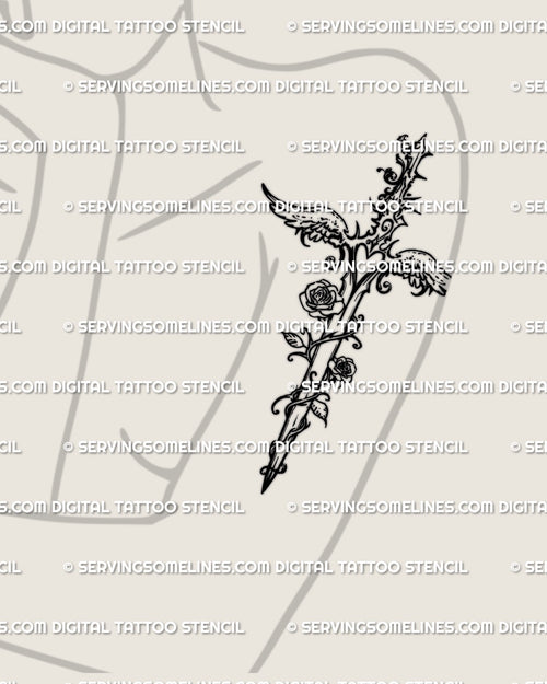 Angelcore dagger tattoo stencil shown on womens bicep placement, Y2K line art dagger, instant download files
