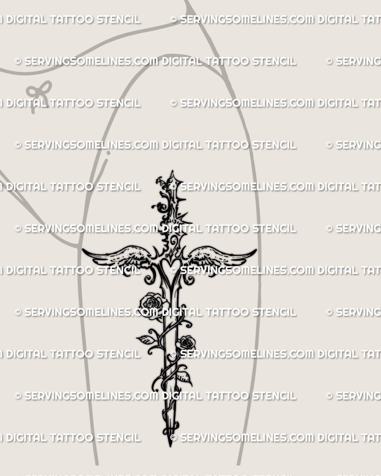 Angelcore dagger tattoo stencil shown on womens front thigh placement, Y2K line art dagger stencil download