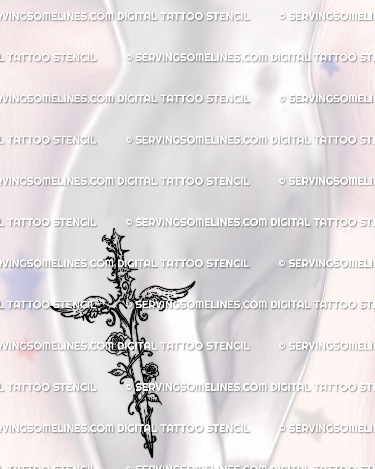 Angelcore dagger tattoo stencil shown on womens thigh placement, line art dagger tattoo, Y2K aesthetic download