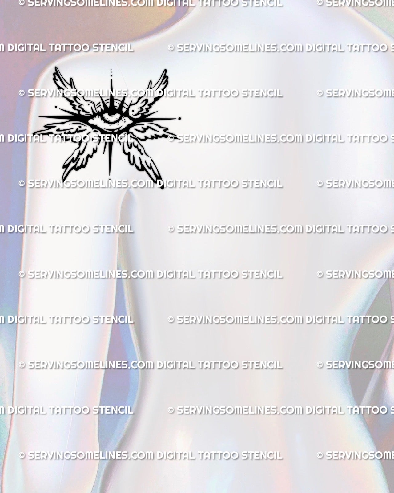 Angelcore-inspired winged eye tattoo stencil previewed on back shoulder, soft gothic line art with six seraphim wings radiating outward. 