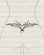 Angelcore lower back tattoo idea with wings and ribbon heart, neotribal tramp stamp design that blends gothic and coquette aesthetics.