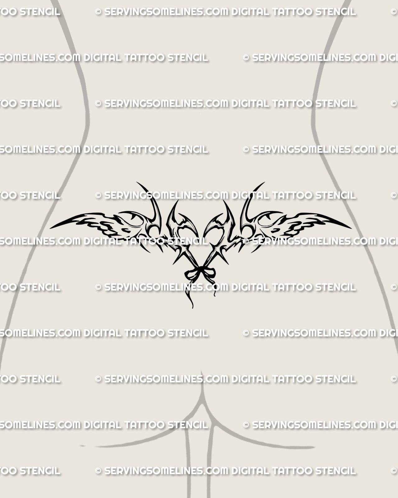 Angelcore lower back tattoo idea with wings and ribbon heart, neotribal tramp stamp design that blends gothic and coquette aesthetics.